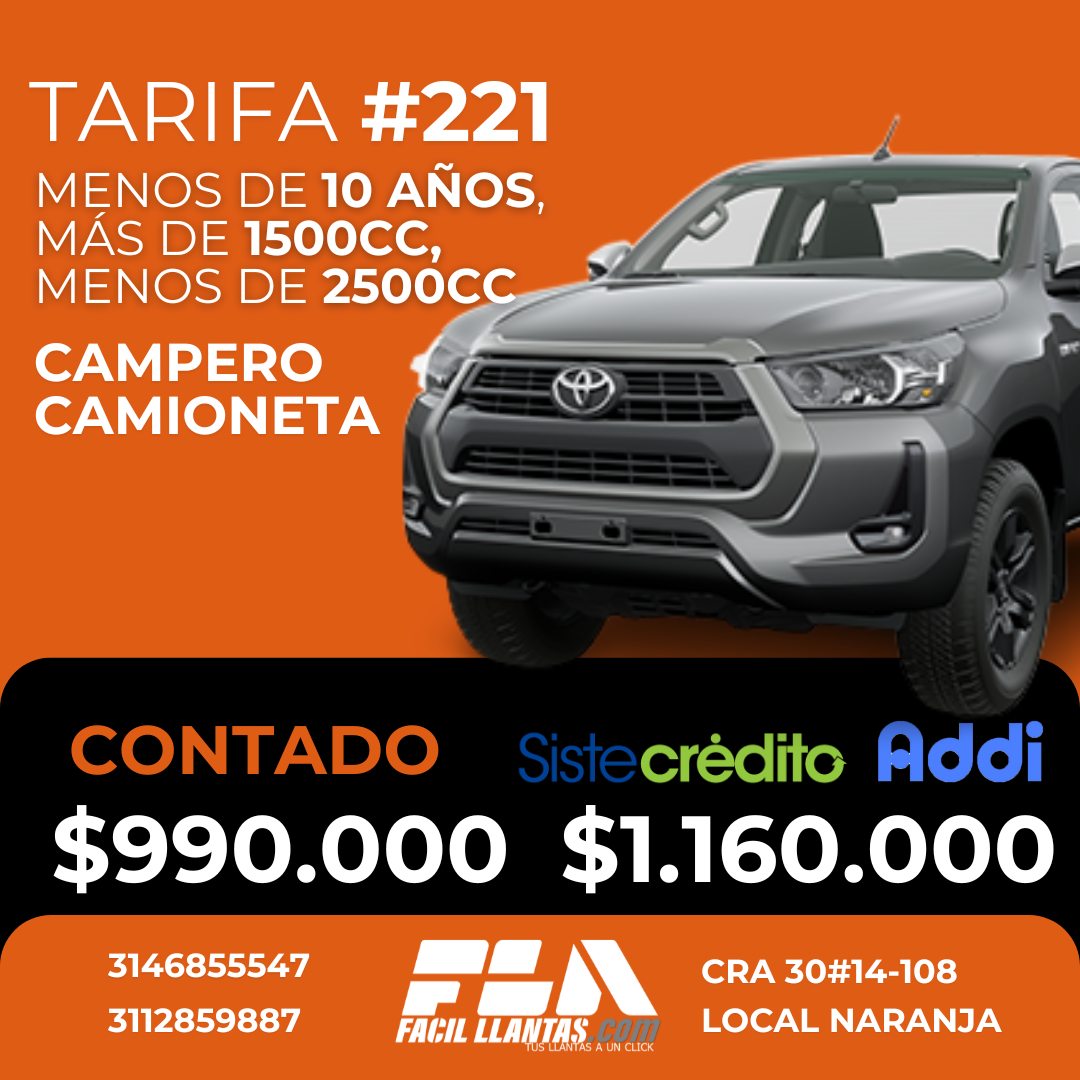 SOAT para Camioneta, mas de 1500cc y menos de 2500cc, menos de 10 años